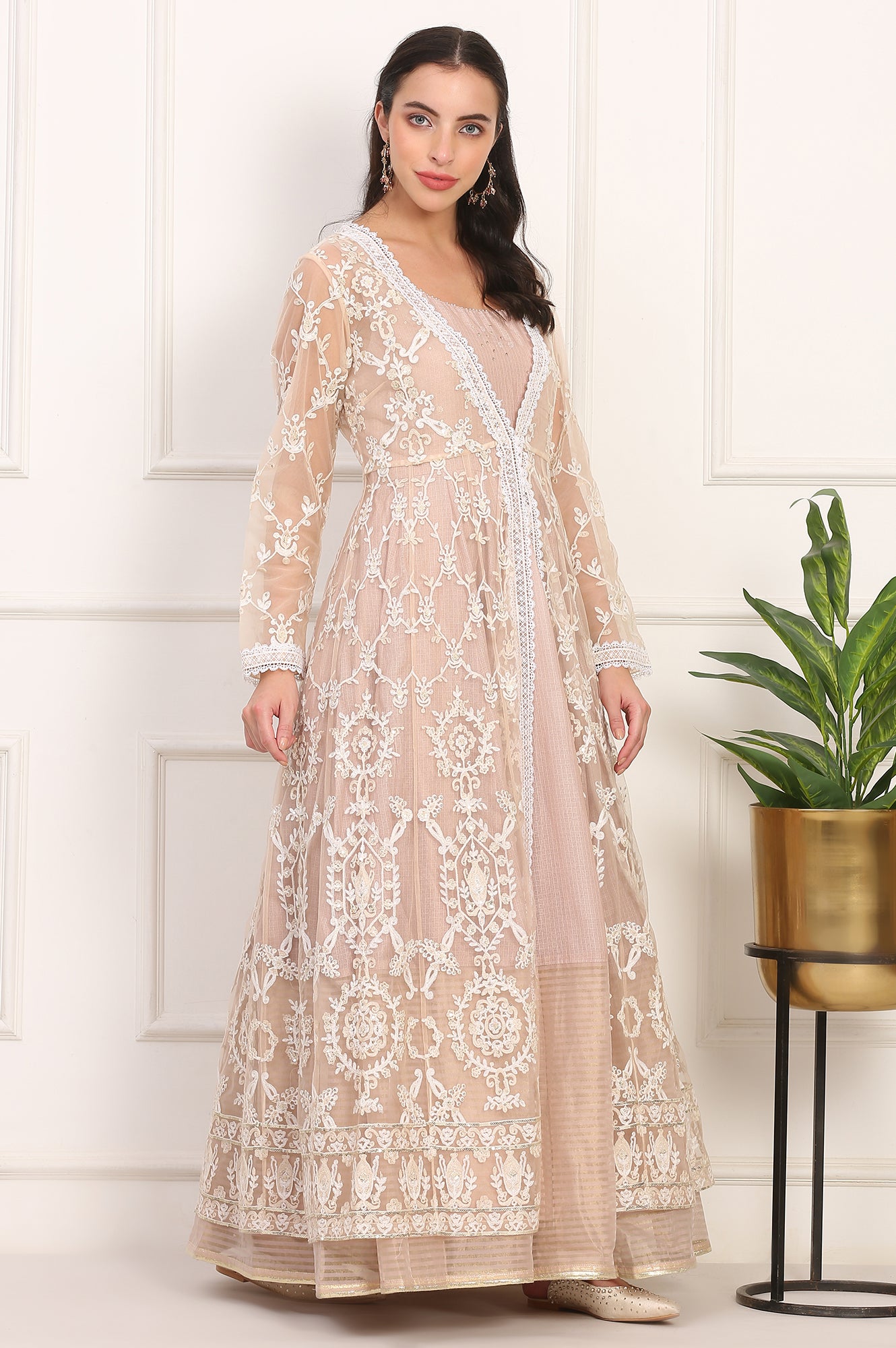Old Rose Sequin Embroidered Mesh Jacket and Dress Set