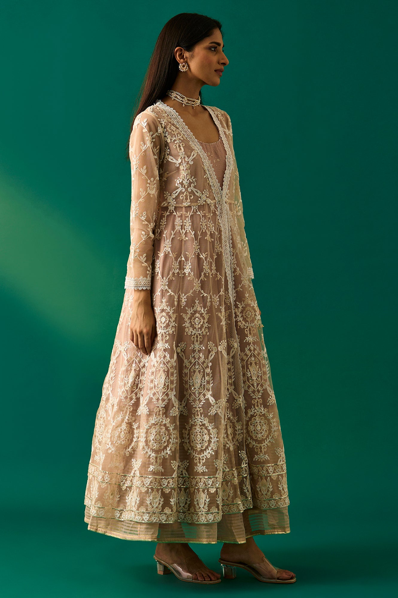Old Rose Sequin Embroidered Mesh Jacket and Dress Set Old Rose Sequin Embroidered Mesh Jacket and Dress Set