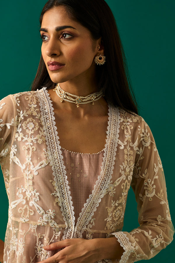 Old Rose Sequin Embroidered Mesh Jacket and Dress Set