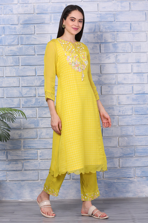 Yellow Embroidered A-line Organza Festive Kurta, Pants and Dupatta Set