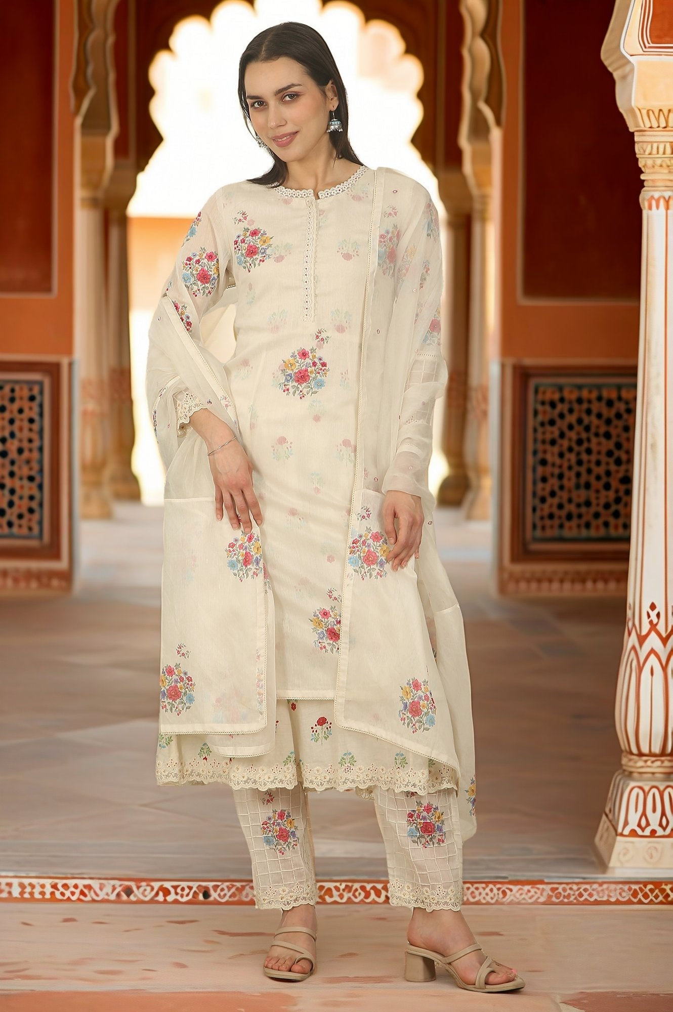 White Floral Printed Mock Layered Chanderi Kurta, Pants and Dupatta Set