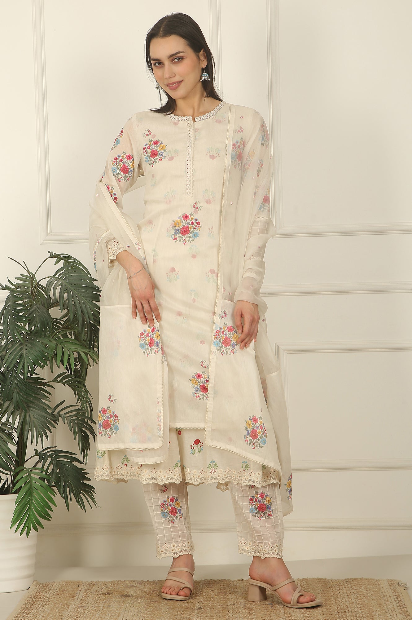 White Floral Printed Mock Layered Chanderi Kurta, Pants and Dupatta Set