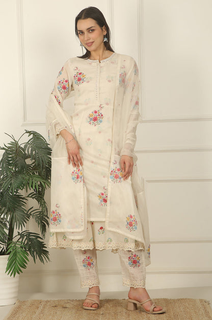 White Floral Printed Mock Layered Chanderi Kurta, Pants and Dupatta Set