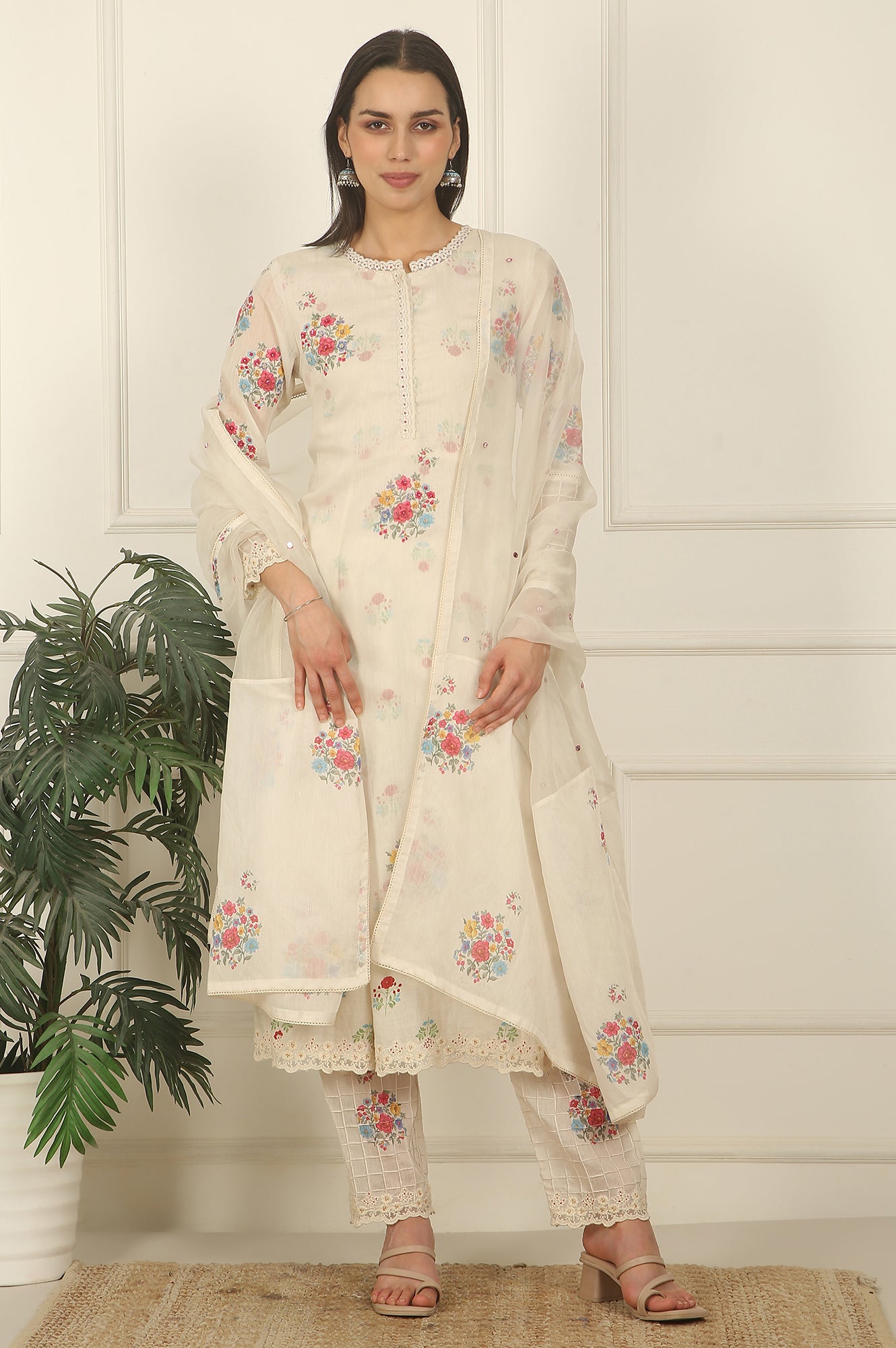 White Floral Printed Mock Layered Chanderi Kurta, Pants and Dupatta Set