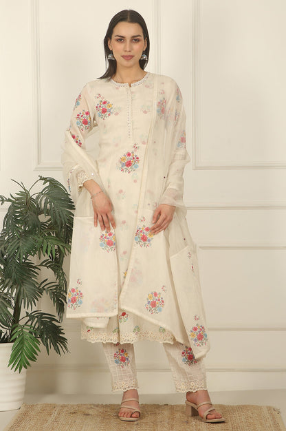 White Floral Printed Mock Layered Chanderi Kurta, Pants and Dupatta Set
