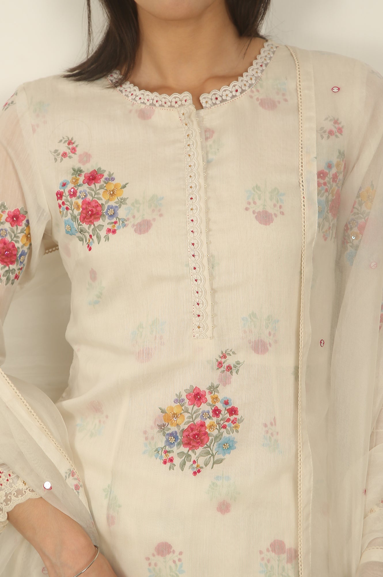 White Floral Printed Mock Layered Chanderi Kurta, Pants and Dupatta Set