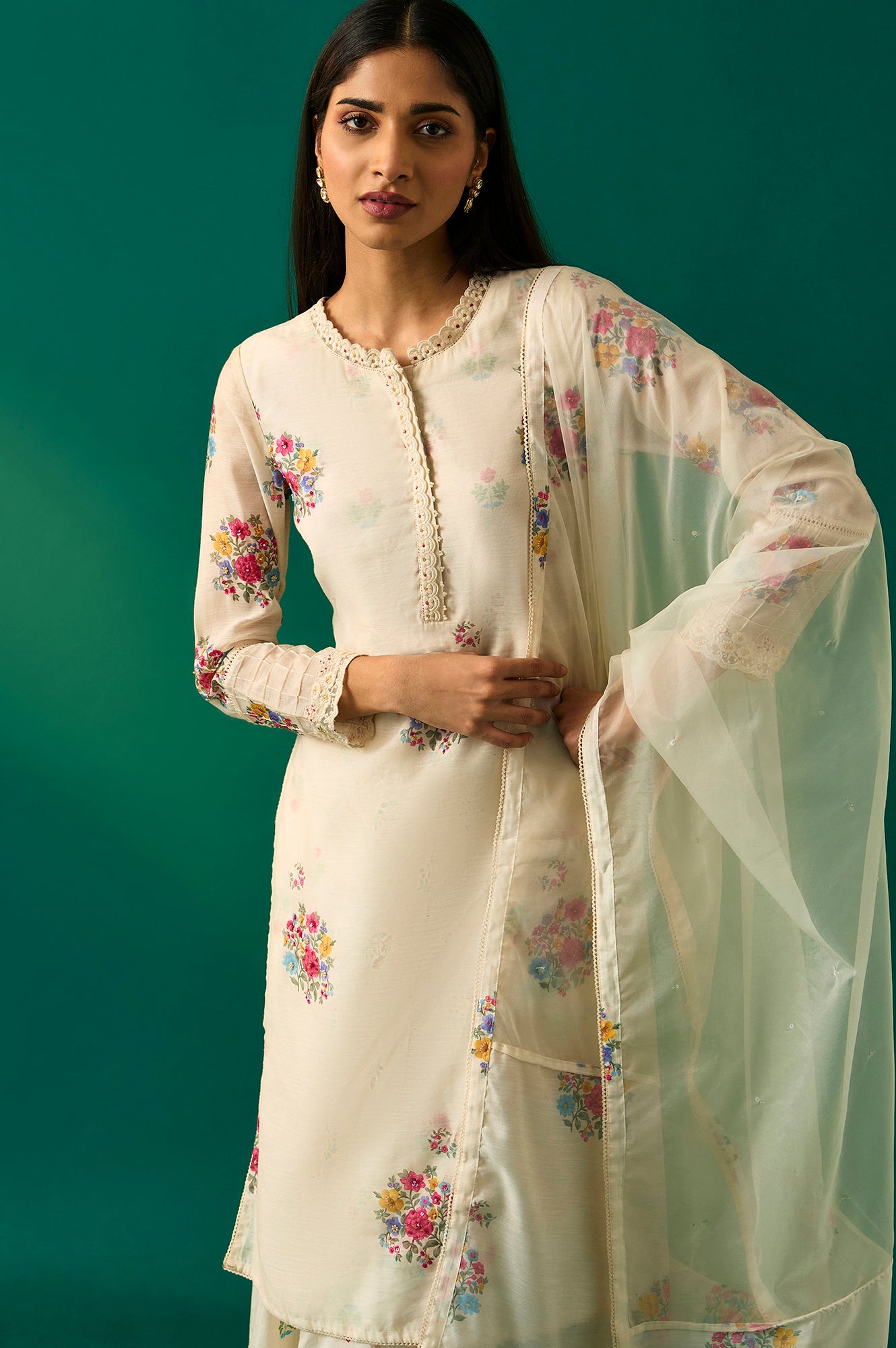 White Floral Printed Mock Layered Chanderi Kurta, Pants and Dupatta Set