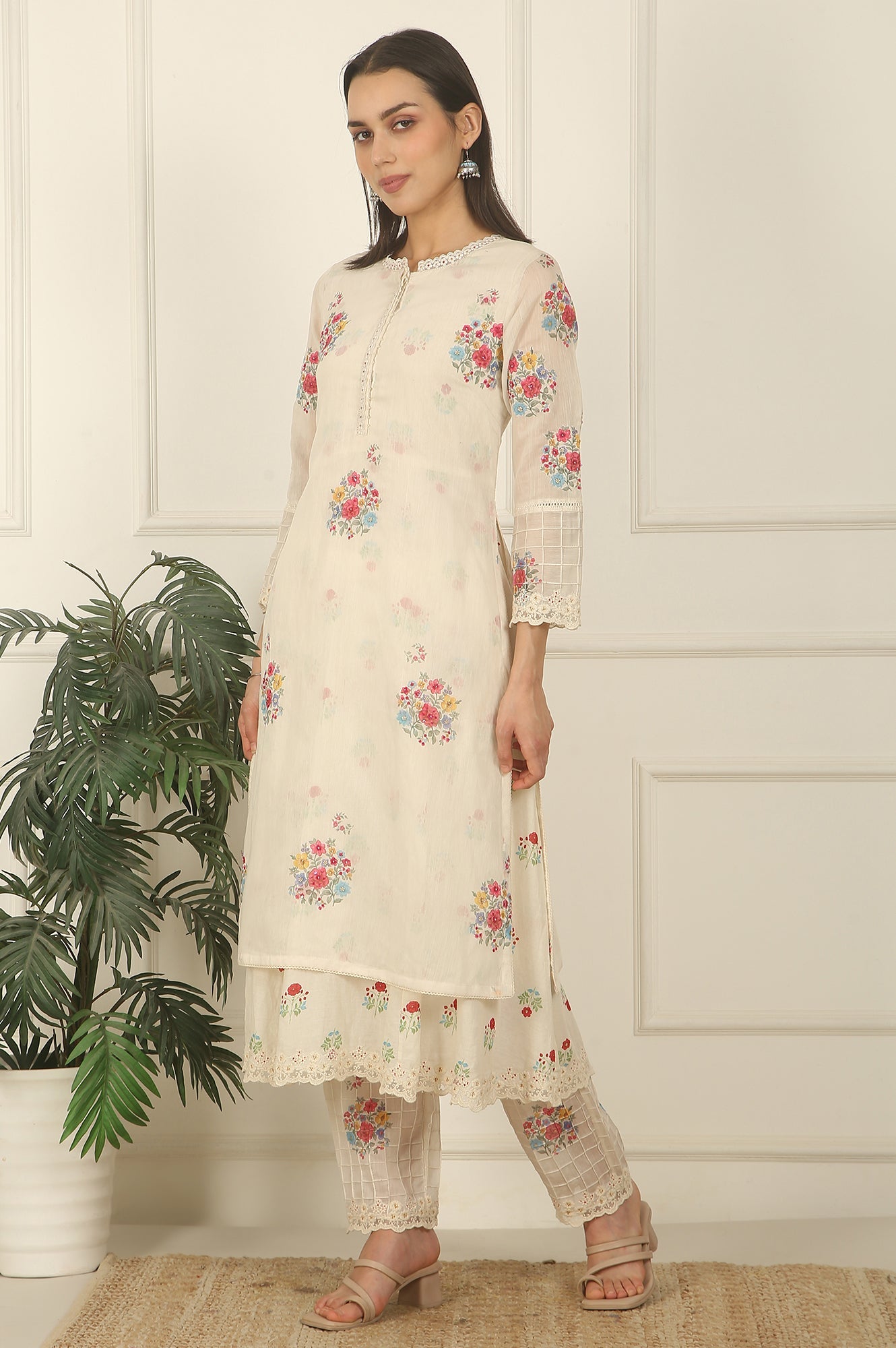 White Floral Printed Mock Layered Chanderi Kurta, Pants and Dupatta Set