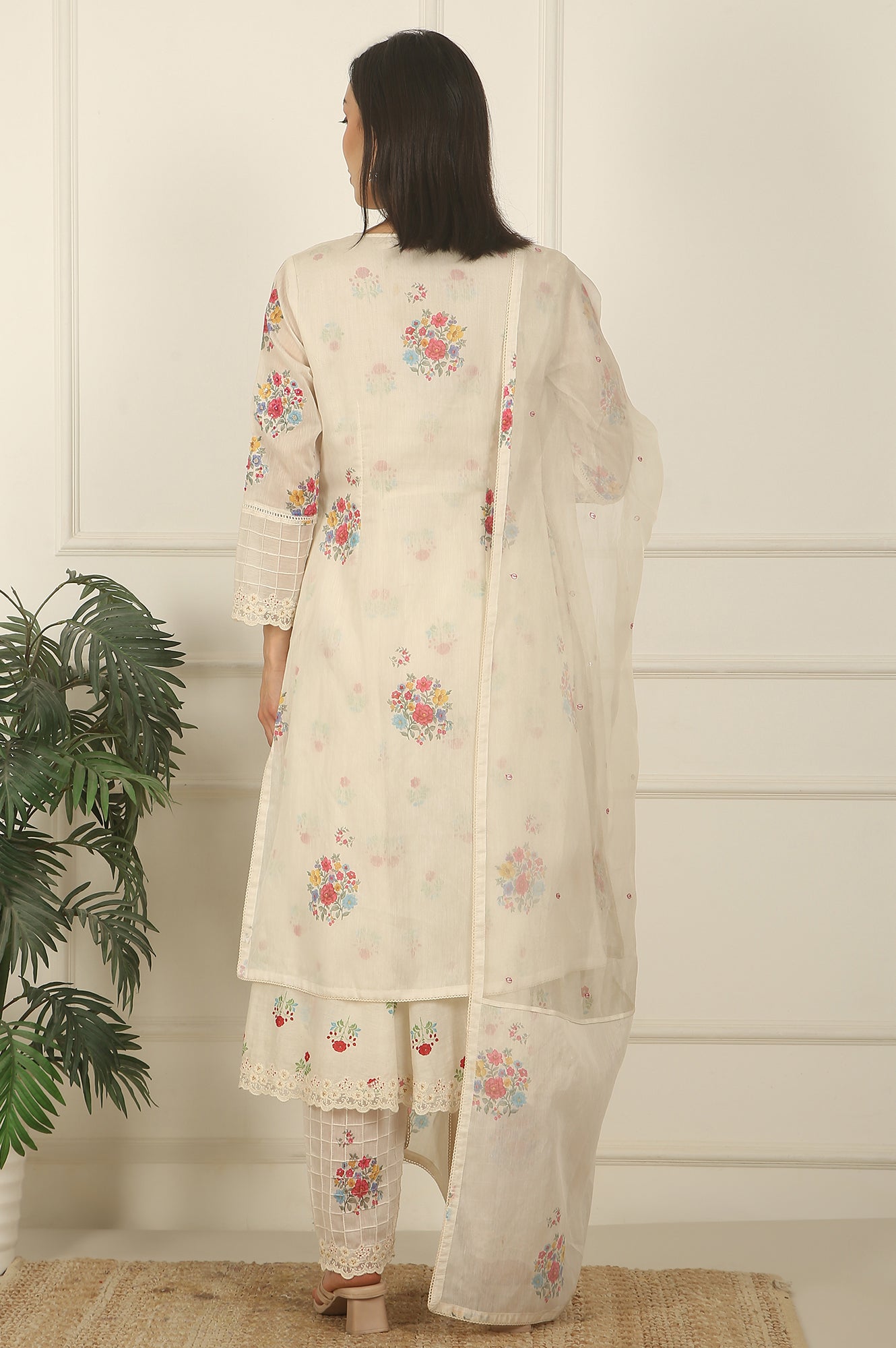 White Floral Printed Mock Layered Chanderi Kurta, Pants and Dupatta Set