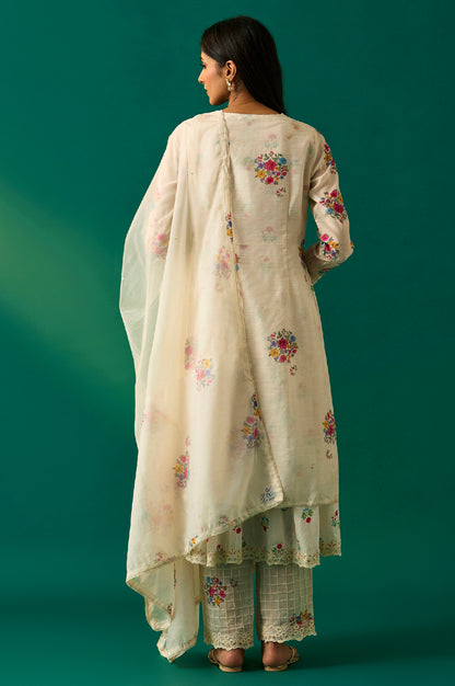 White Floral Printed Mock Layered Chanderi Kurta, Pants and Dupatta Set
