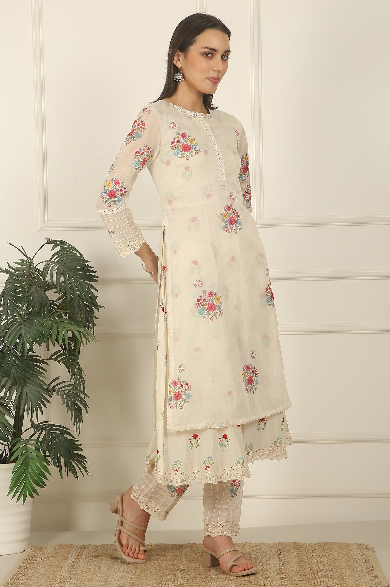 White Floral Printed Mock Layered Chanderi Kurta, Pants and Dupatta Set