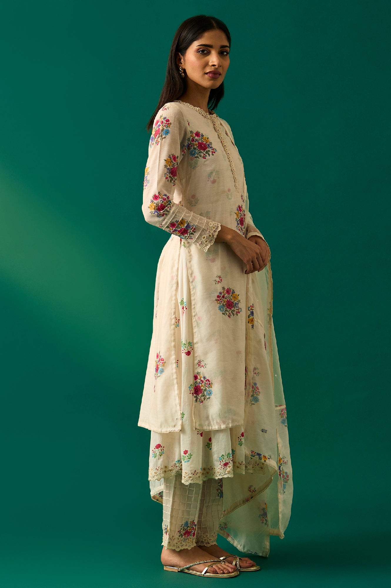White Floral Printed Mock Layered Chanderi Kurta, Pants and Dupatta Set