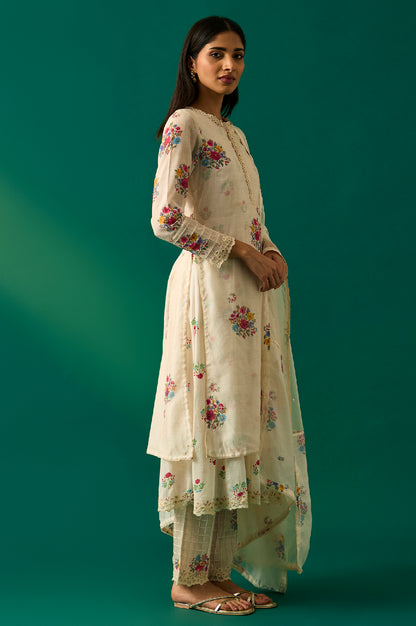 White Floral Printed Mock Layered Chanderi Kurta, Pants and Dupatta Set