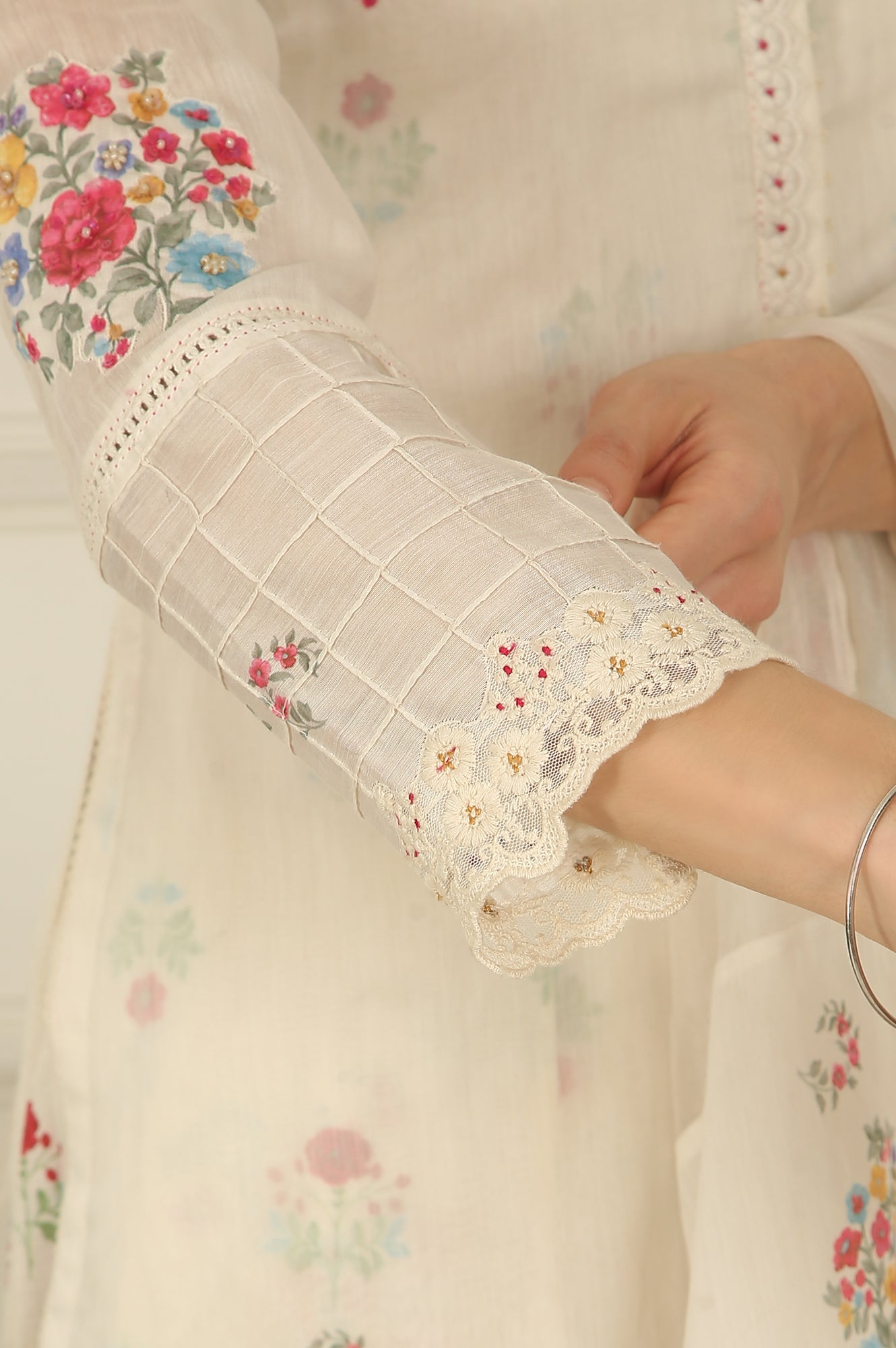 White Floral Printed Mock Layered Chanderi Kurta, Pants and Dupatta Set