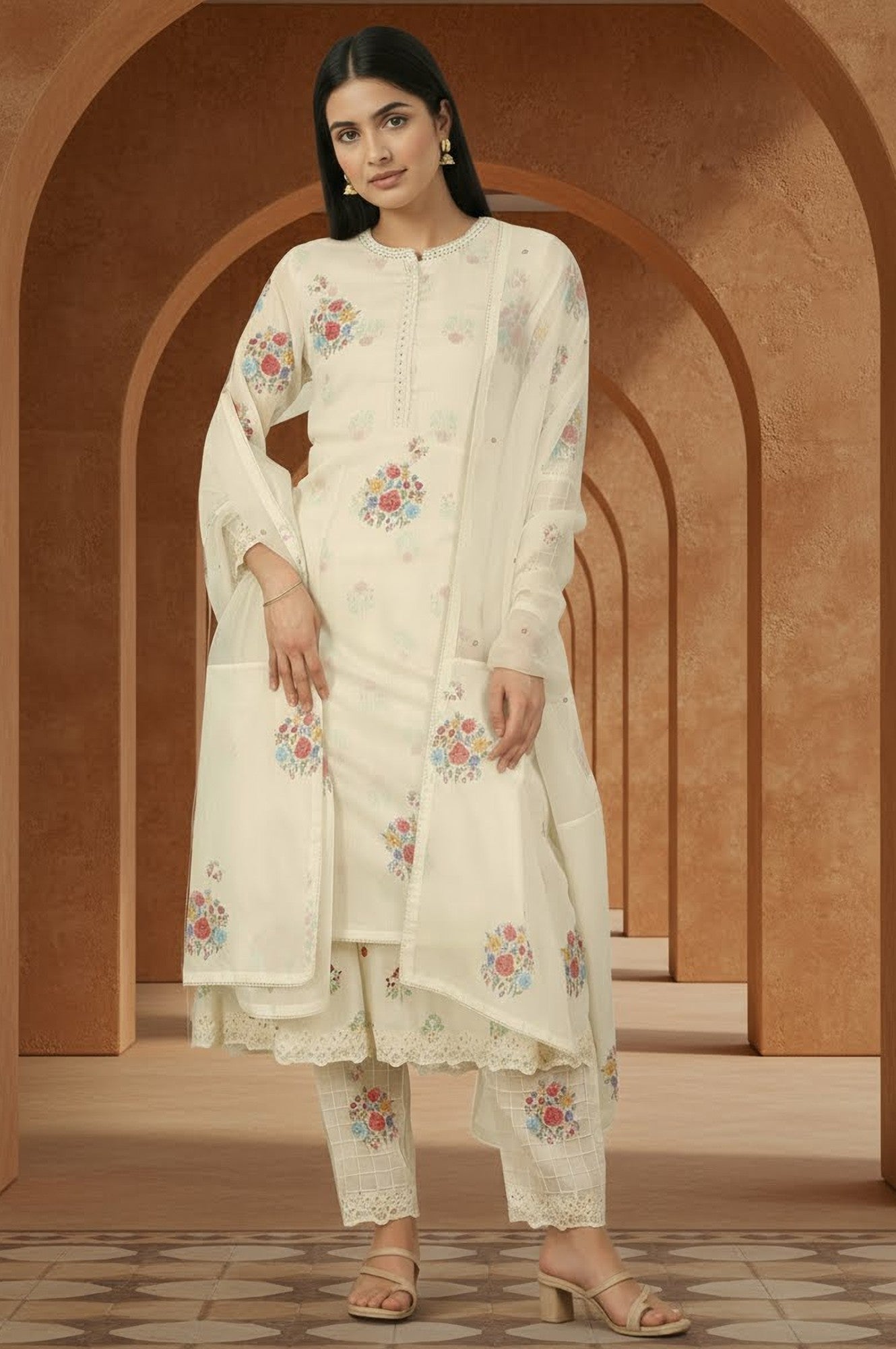 White Floral Printed Mock Layered Chanderi Kurta, Pants and Dupatta Set
