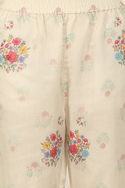 White Floral Printed Mock Layered Chanderi Kurta, Pants and Dupatta Set