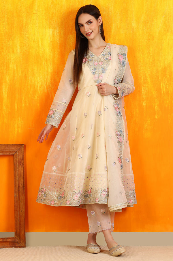 Powder Yellow Embroidered Organza Flared Kurta, Straight Pants and Dupatta Set