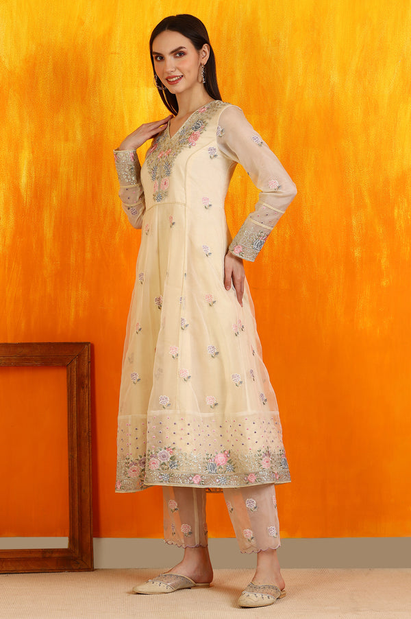 Powder Yellow Embroidered Organza Flared Kurta, Straight Pants and Dupatta Set