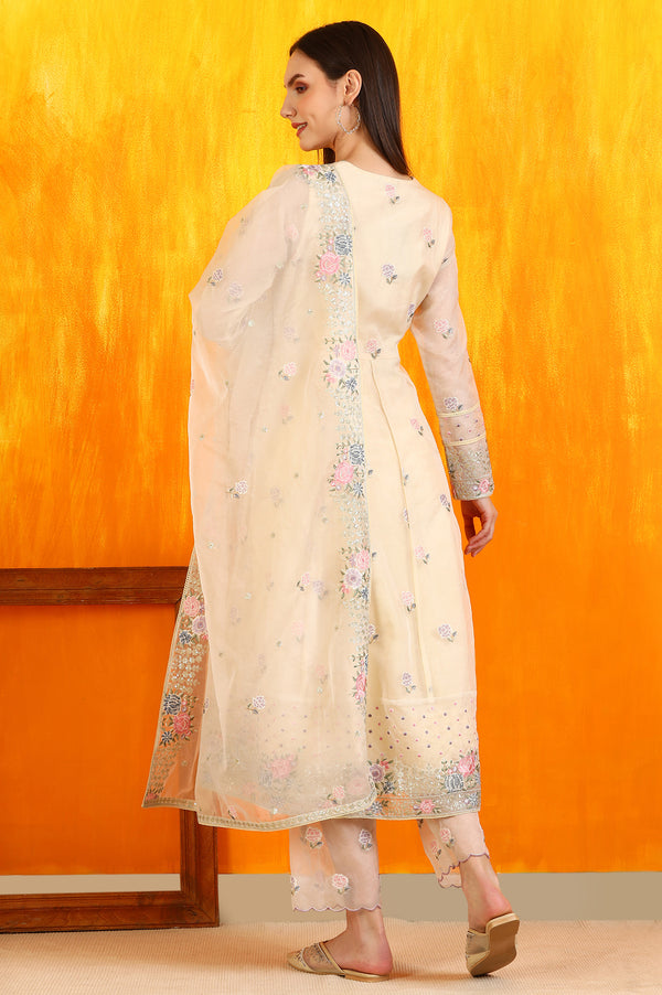 Powder Yellow Embroidered Organza Flared Kurta, Straight Pants and Dupatta Set