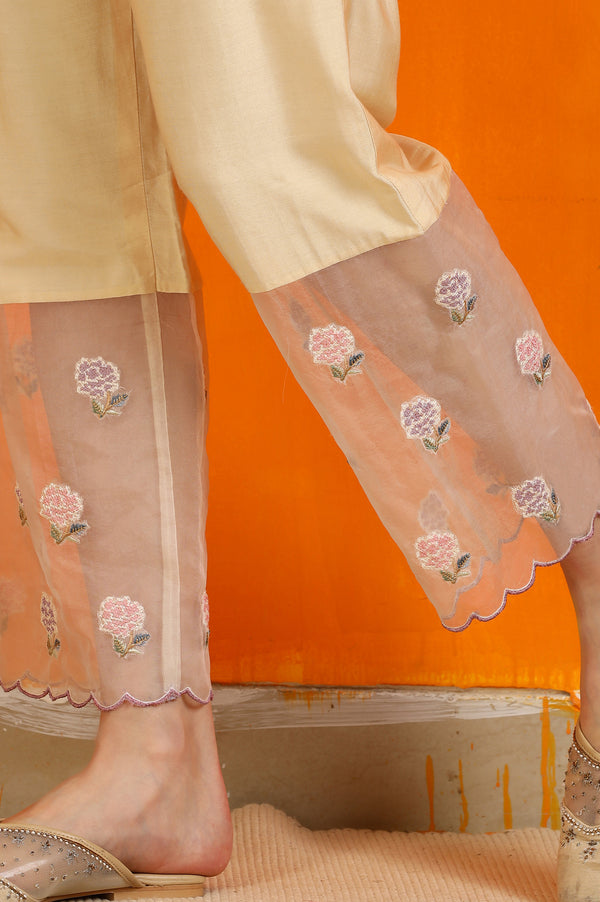 Powder Yellow Embroidered Organza Flared Kurta, Straight Pants and Dupatta Set