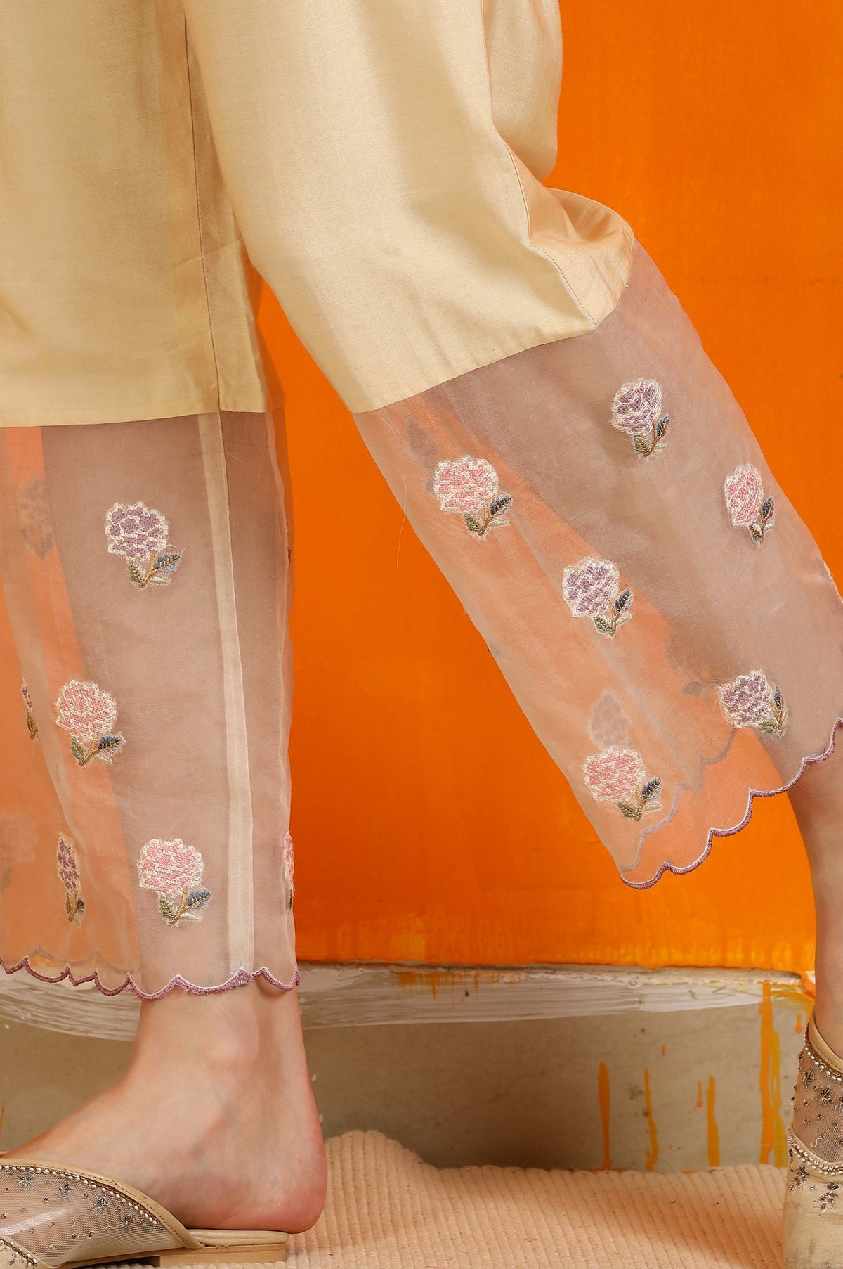 Yellow Embroidered Organza Flared Kurta, Straight Pants and Dupatta Set