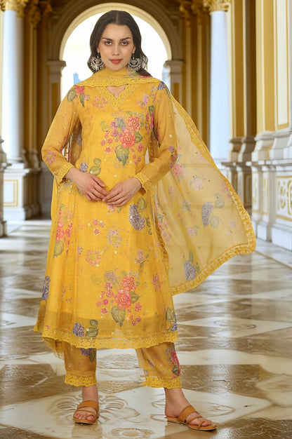 Yellow Floral Printed Organza Flared Kurta, Pants and Dupatta Set