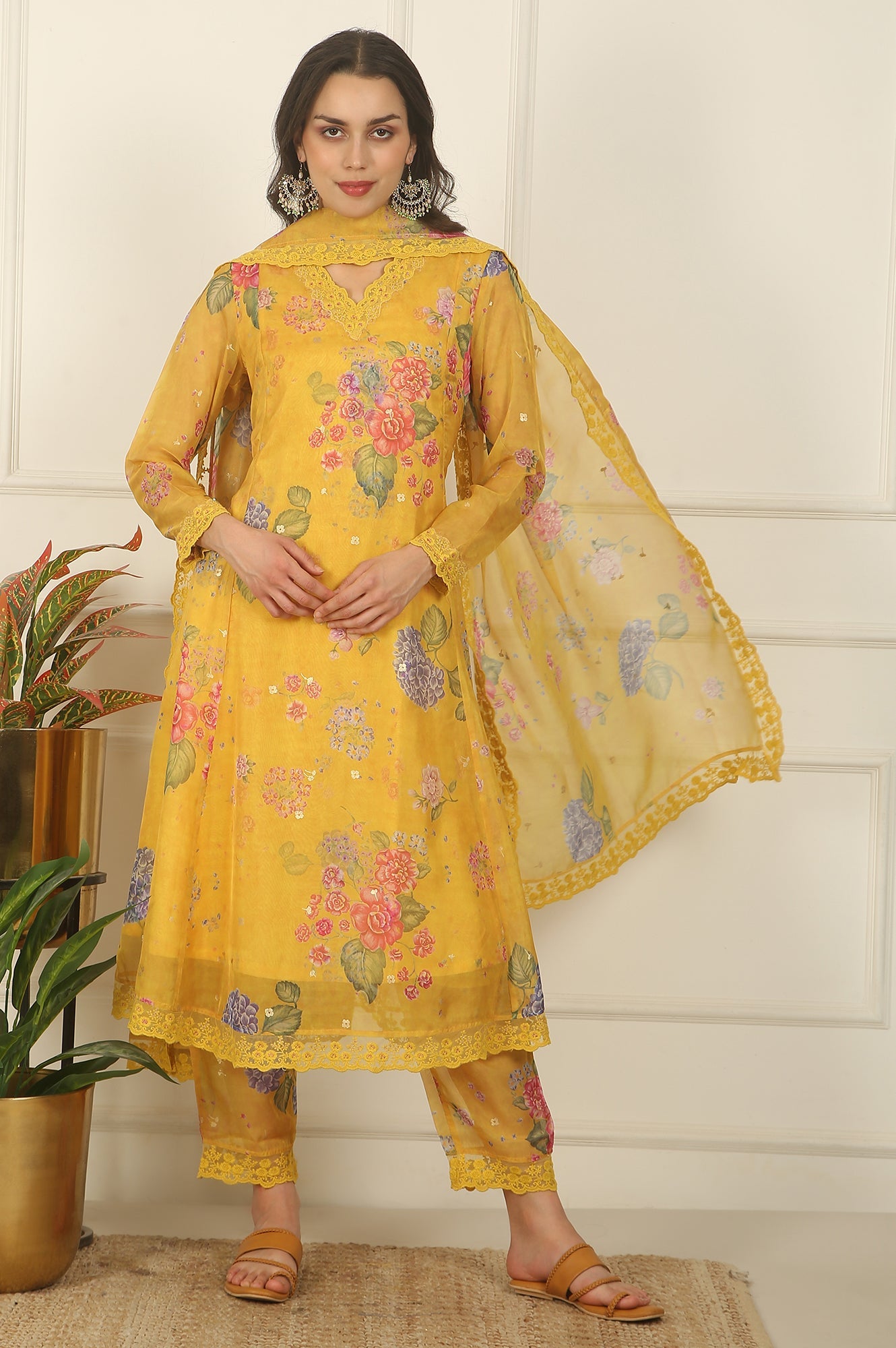 Yellow Floral Printed Organza Flared Kurta, Pants and Dupatta Set