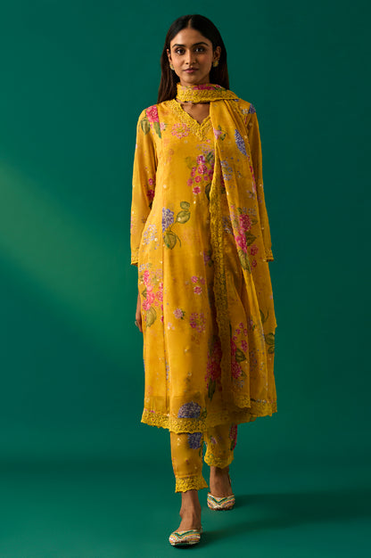 Yellow Floral Printed Organza Flared Kurta, Pants and Dupatta Set