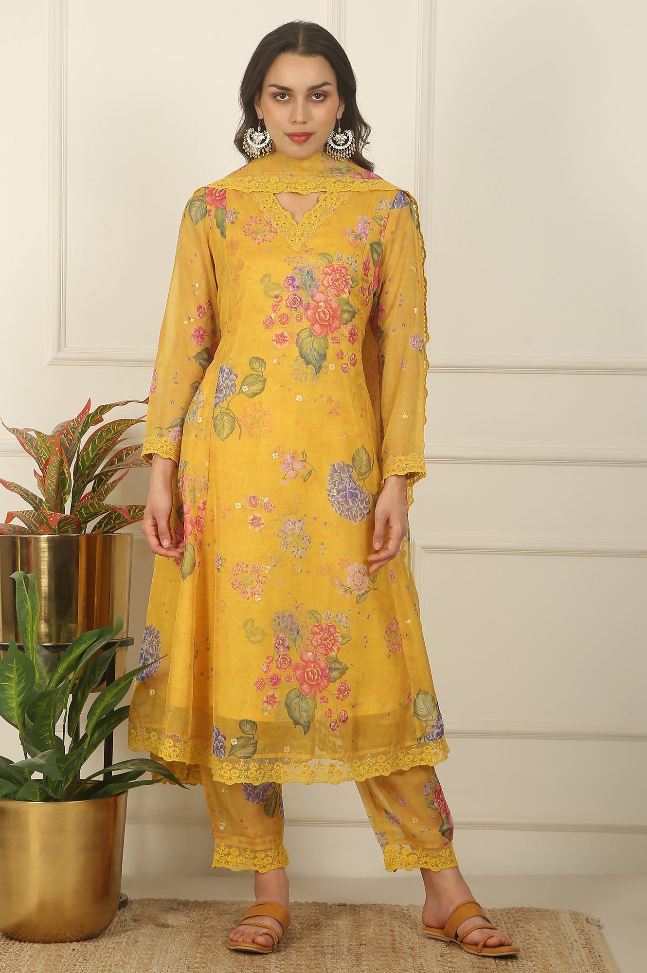 Yellow Floral Printed Organza Flared Kurta, Pants and Dupatta Set