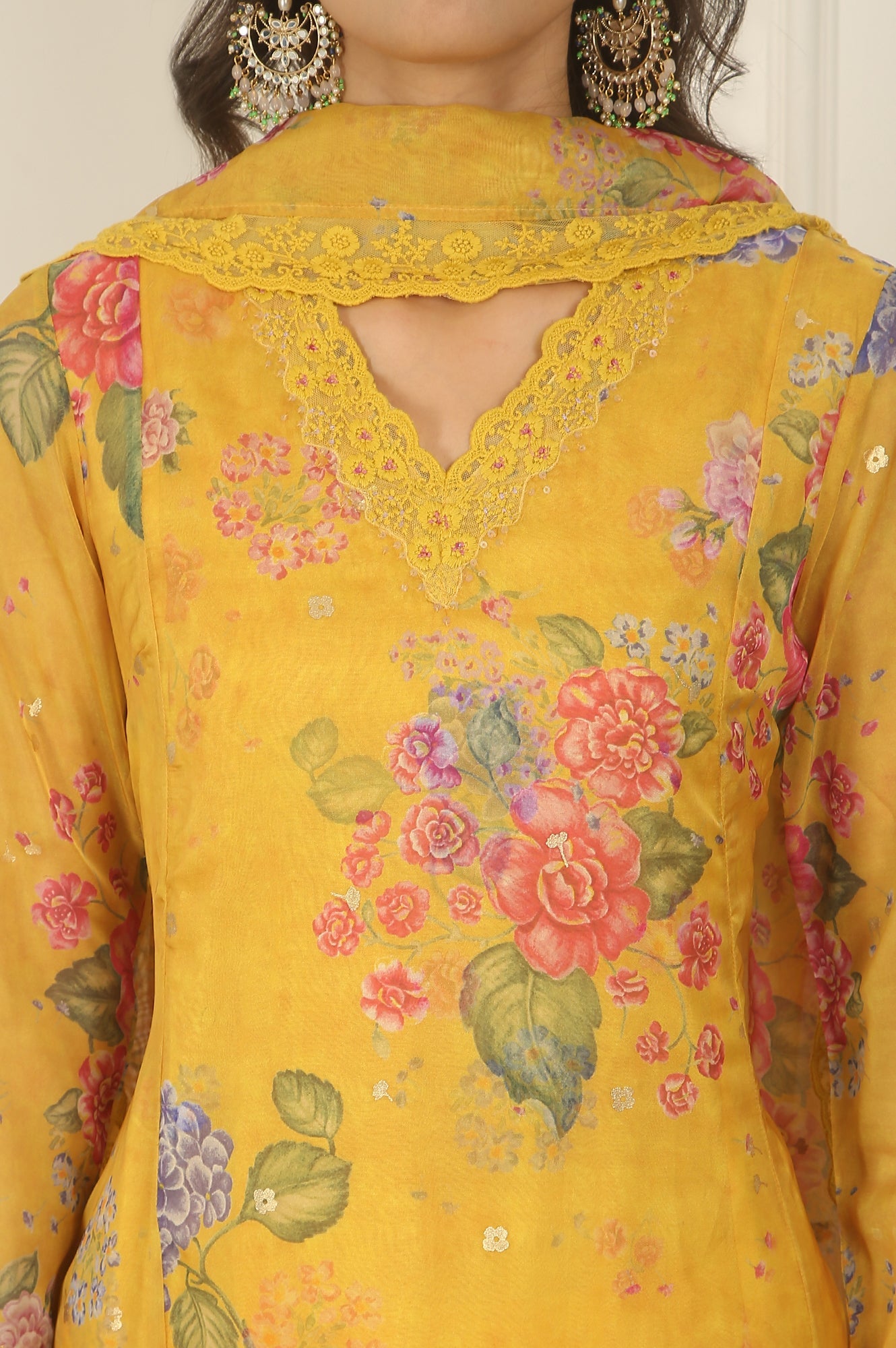 Yellow Floral Printed Organza Flared Kurta, Pants and Dupatta Set