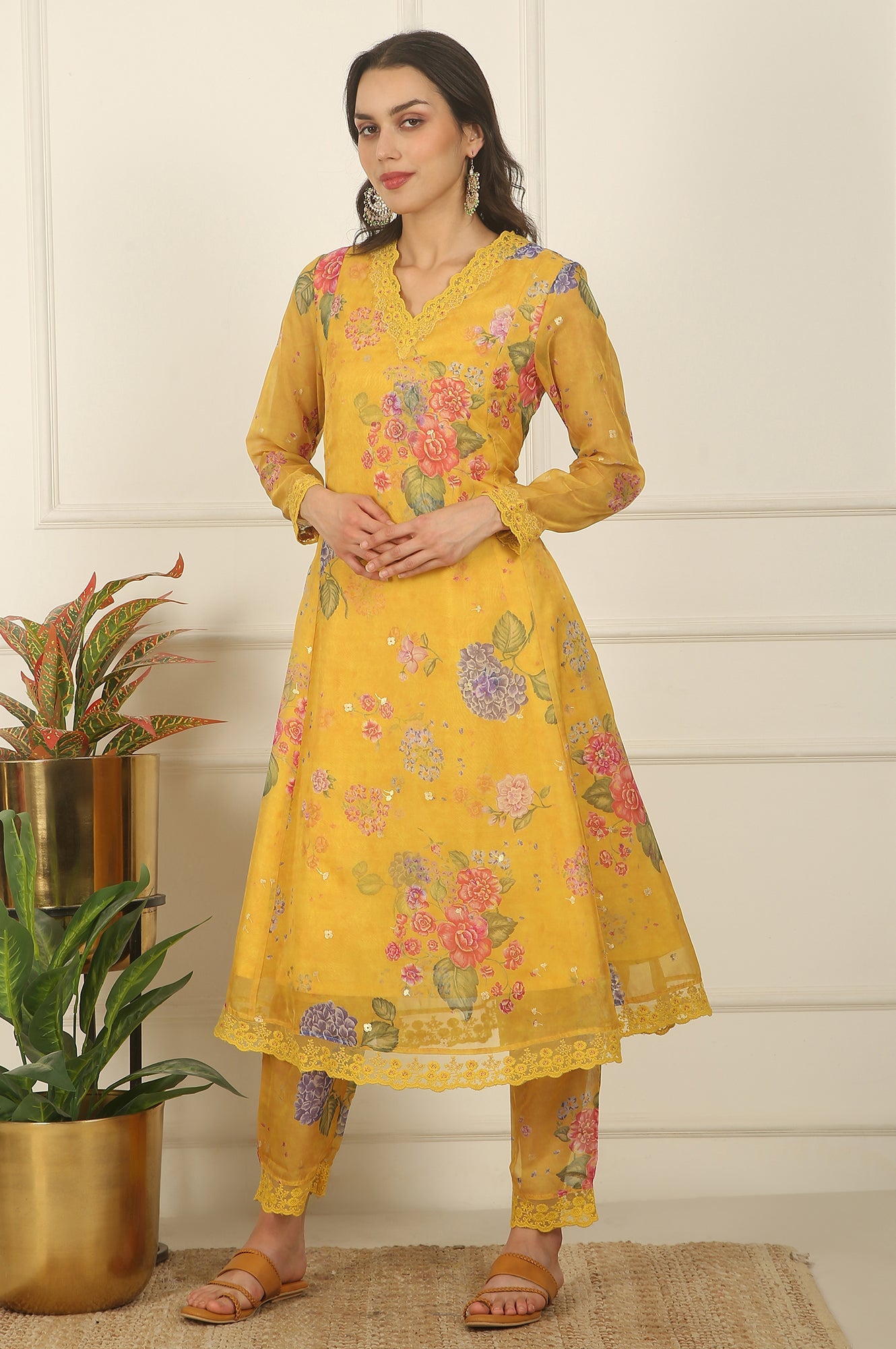 Yellow Floral Printed Organza Flared Kurta, Pants and Dupatta Set