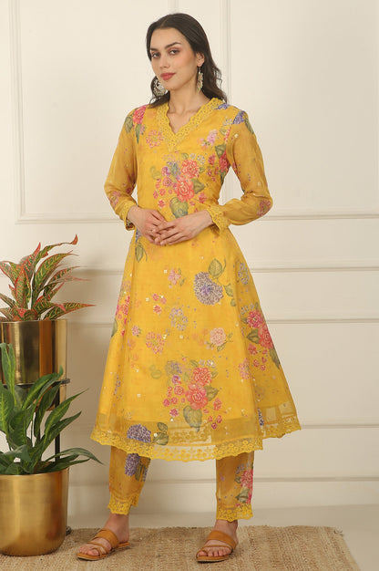 Yellow Floral Printed Organza Flared Kurta, Pants and Dupatta Set