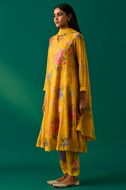 Yellow Floral Printed Organza Flared Kurta, Pants and Dupatta Set