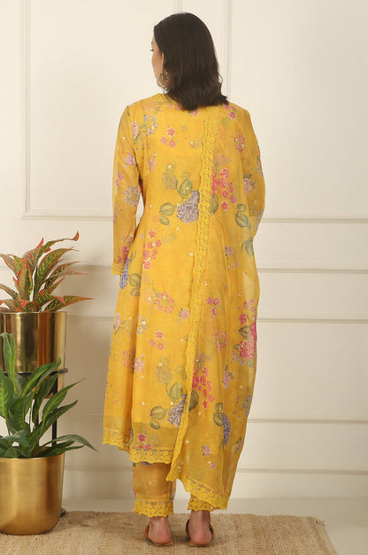 Yellow Floral Printed Organza Flared Kurta, Pants and Dupatta Set