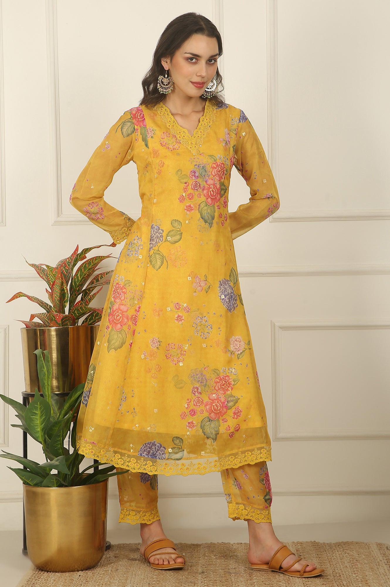Yellow Floral Printed Organza Flared Kurta, Pants and Dupatta Set