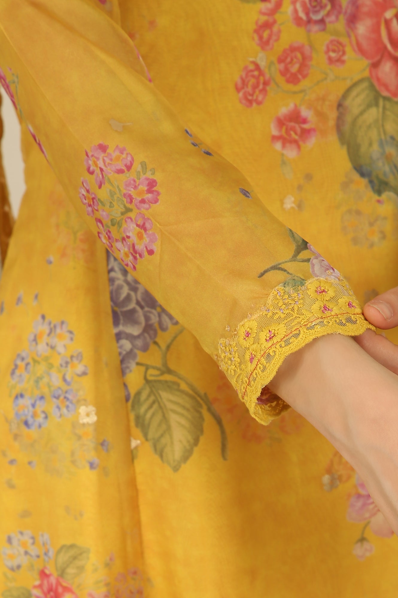 Yellow Floral Printed Organza Flared Kurta, Pants and Dupatta Set