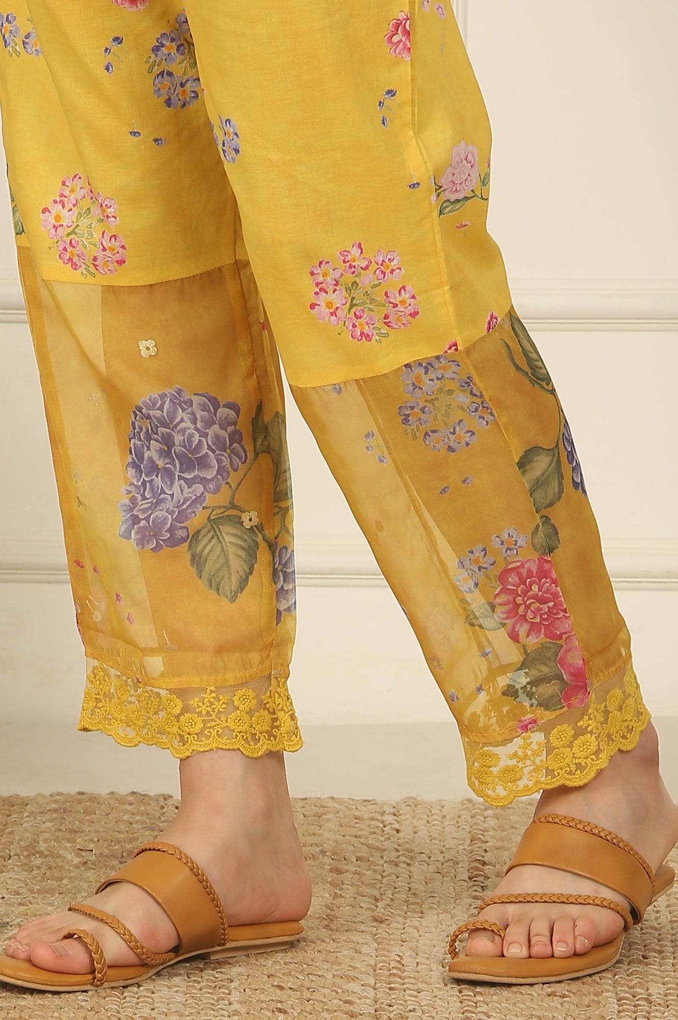 Yellow Floral Printed Organza Flared Kurta, Pants and Dupatta Set