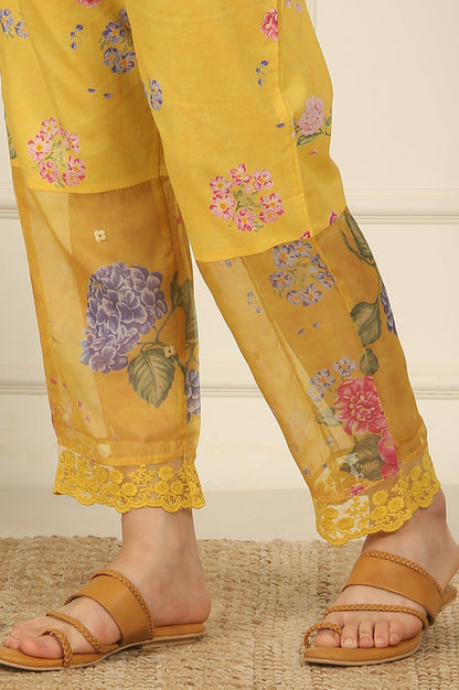 Yellow Floral Printed Organza Flared Kurta, Pants and Dupatta Set