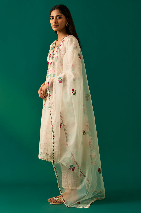 Off-White Floral Embroidered Anarkali Kurta with Straight Pant and Dupatta Set