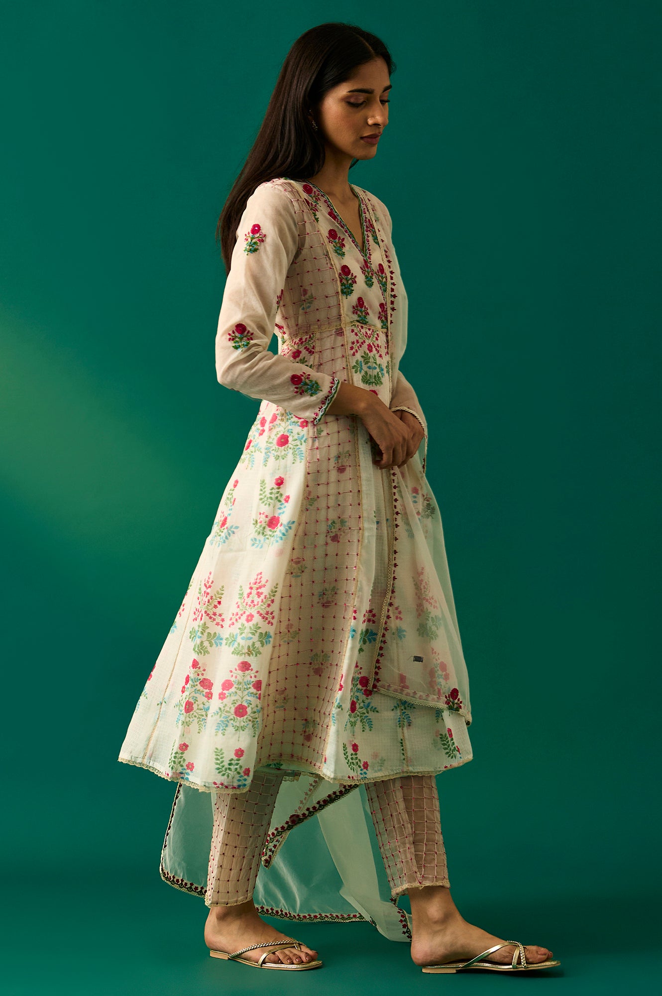 Off-White Floral Embroidered Anarkali Kurta with Straight Pant and Dupatta Set
