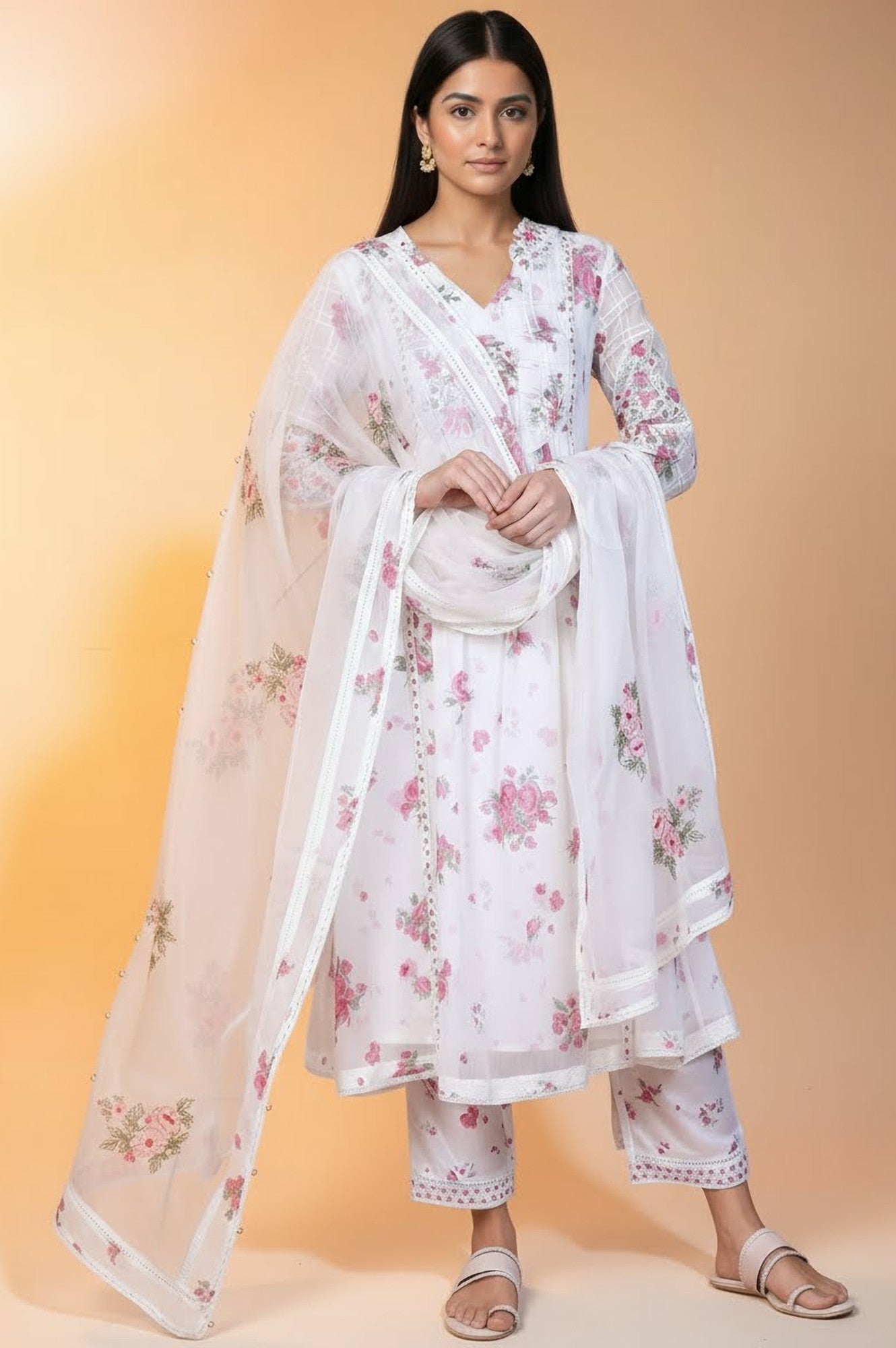 Off White Dori Embroidery Flared Silver Chiffon Kurta, Pants and Dupatta Set