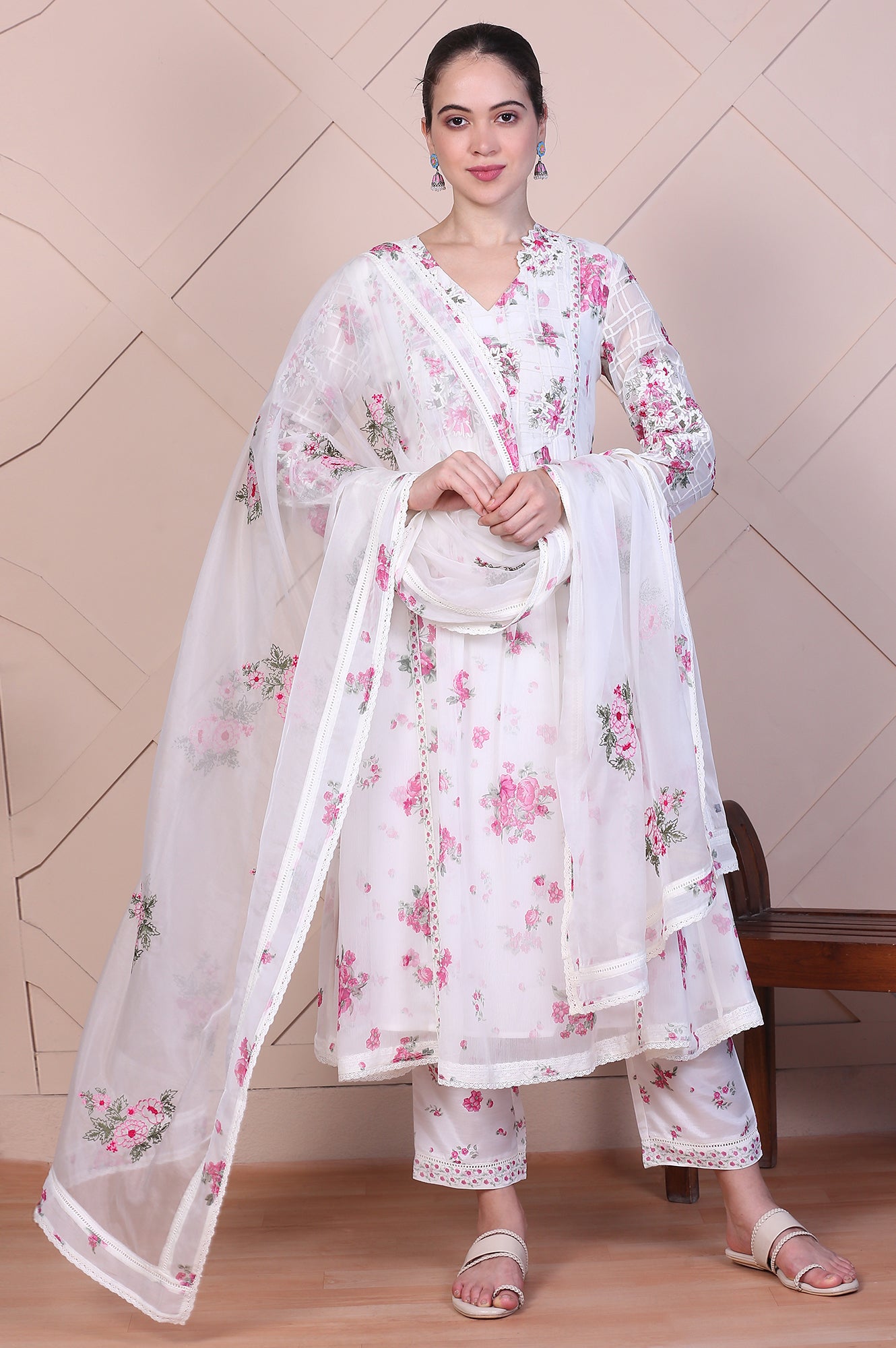 Off White Dori Embroidery Flared Silver Chiffon Kurta, Pants and Dupatta Set