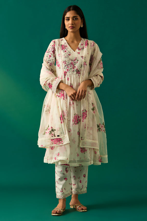 Off White Dori Embroidery Flared Silver Chiffon Kurta, Pants and Dupatta Set