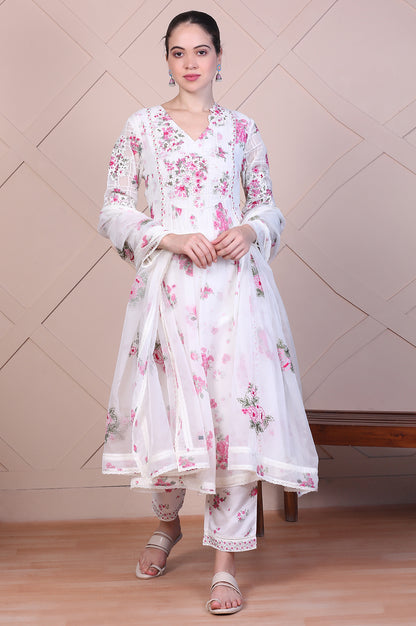Off White Dori Embroidery Flared Silver Chiffon Kurta, Pants and Dupatta Set