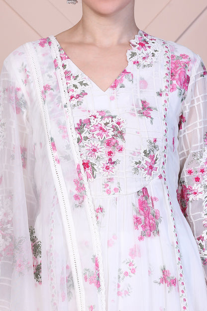 Off White Dori Embroidery Flared Silver Chiffon Kurta, Pants and Dupatta Set