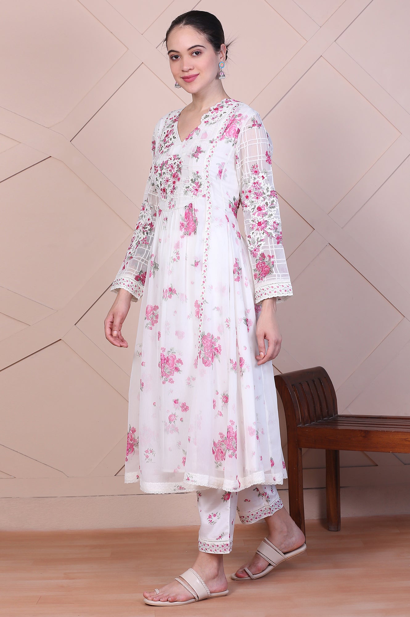 Off White Dori Embroidery Flared Silver Chiffon Kurta, Pants and Dupatta Set