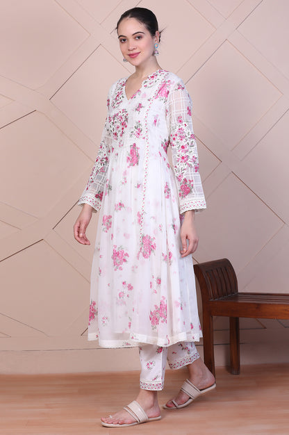 Off White Dori Embroidery Flared Silver Chiffon Kurta, Pants and Dupatta Set