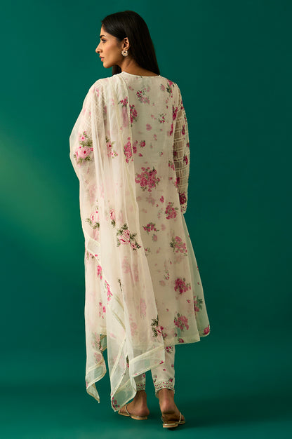 Off White Dori Embroidery Flared Silver Chiffon Kurta, Pants and Dupatta Set