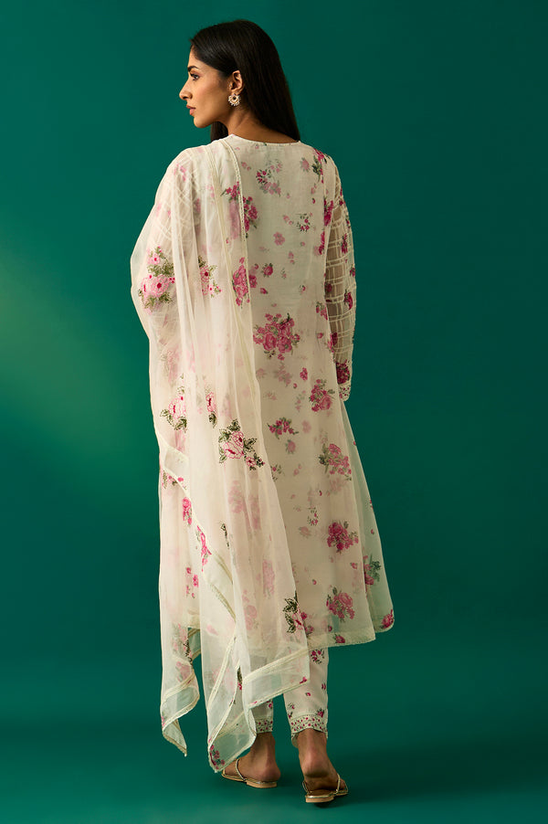 Off White Dori Embroidery Flared Silver Chiffon Kurta, Pants and Dupatta Set