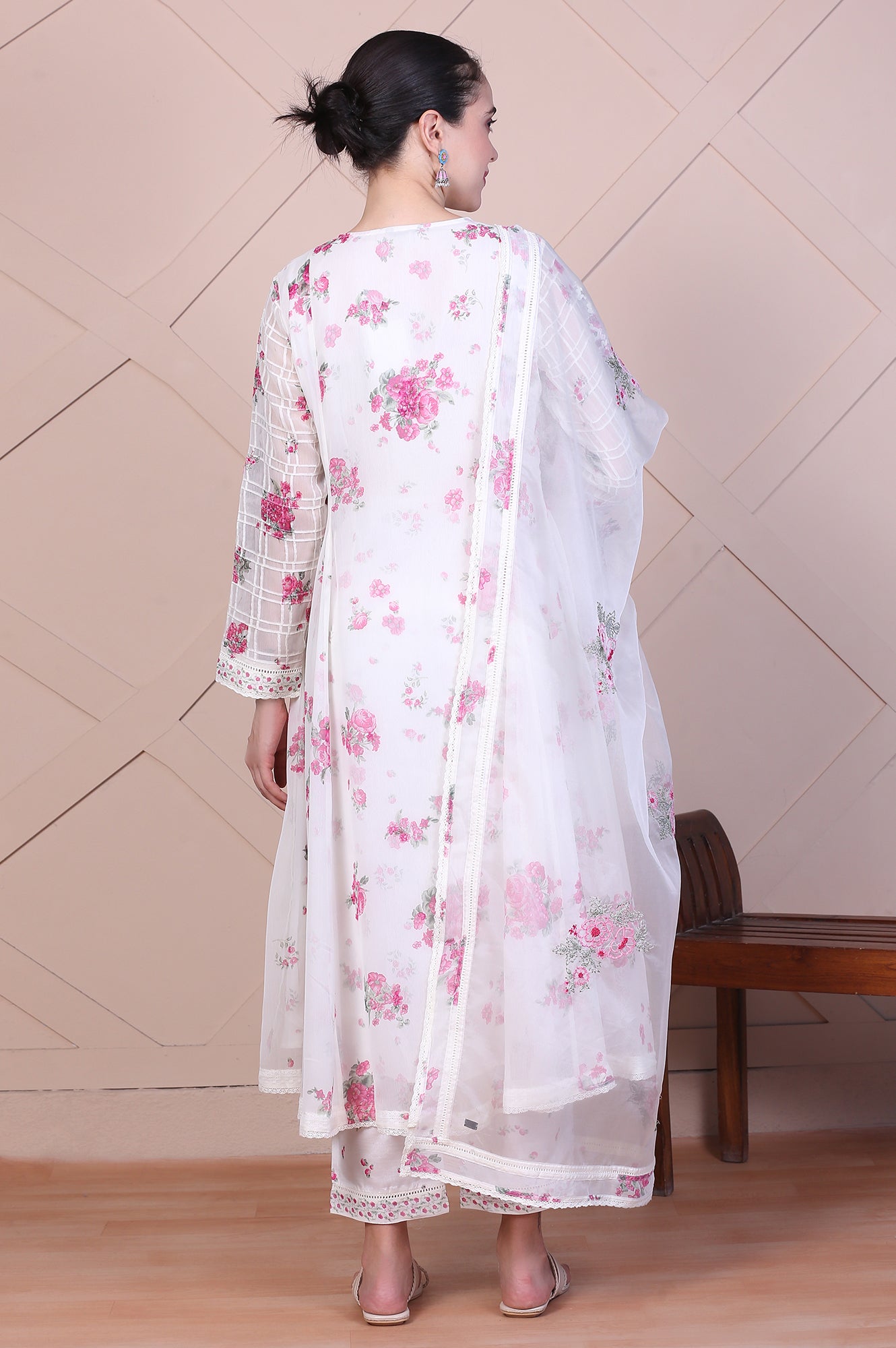 Off White Dori Embroidery Flared Silver Chiffon Kurta, Pants and Dupatta Set